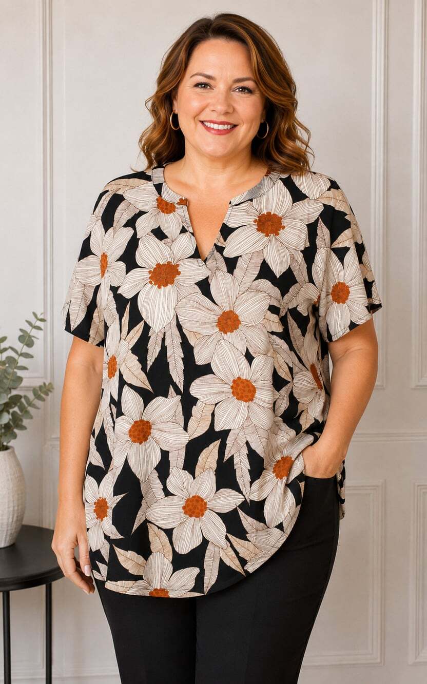 Cabi Floral Print Blouse V-Neck Short Sleeve Relaxed Fit Top Size L